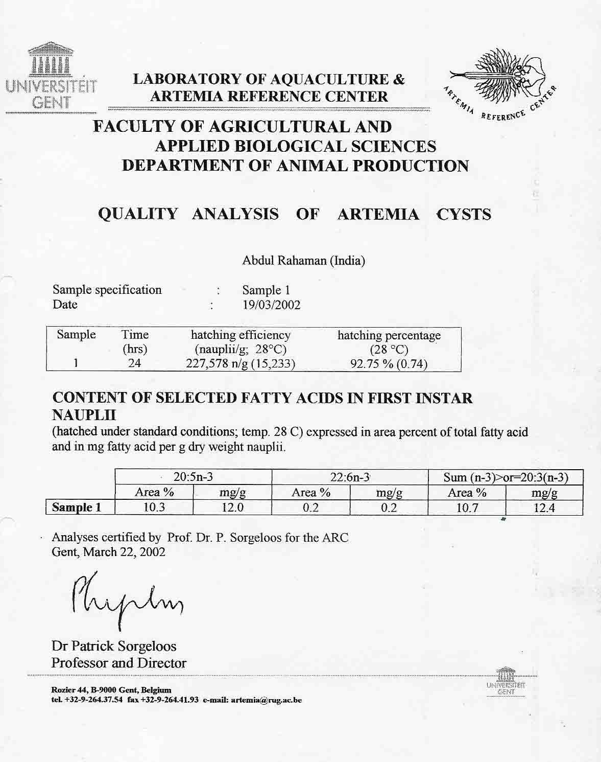 artemia certificates